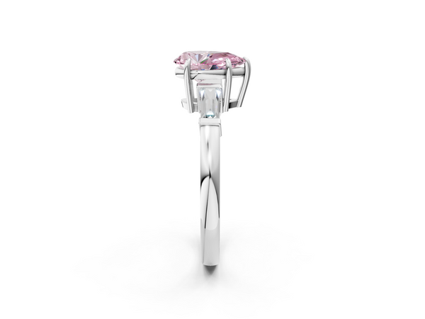 White gold Fancy Pink Pear  Cut Diamond Ring with Tapered Baguette Side Stones in Four-Prong Setting