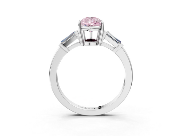 White gold Fancy Pink Pear  Cut Diamond Ring with Tapered Baguette Side Stones in Four-Prong Setting