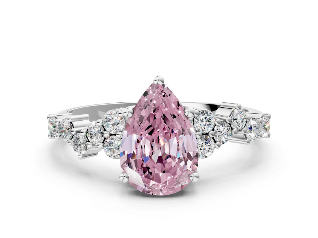 White gold Fancy Pink Pear Cut Diamond Scattered Round Accent Ring with Prong Setting_12