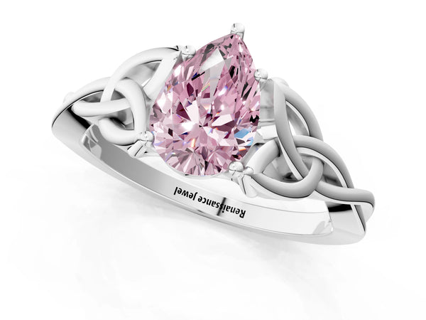 White gold Fancy Pink Pear Cut Diamond Solitaire Celtic Knot Ring with Four-Prong Setting