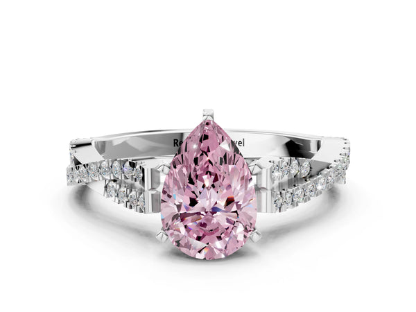 White gold Fancy Pink Pear Cut Diamond Solitaire Engagement Ring with Twisted Pavé Band and Four-Prong Setting