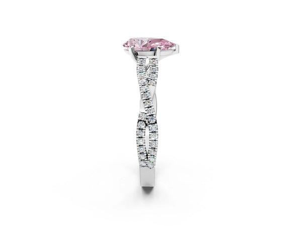 White gold Fancy Pink Pear Cut Diamond Solitaire Engagement Ring with Twisted Pavé Band and Four-Prong Setting