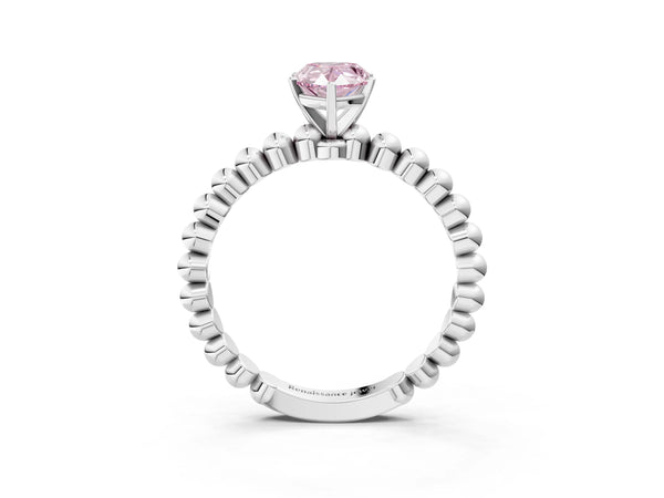 Platinum Fancy Pink Pear Cut Diamond Solitaire Ring with Beaded Band and Prong Setting