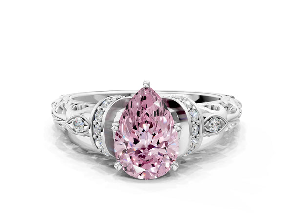 Platinum Fancy Pink Pear Cut Diamond Solitaire Ring with Filigree Band and Four-Prong Setting