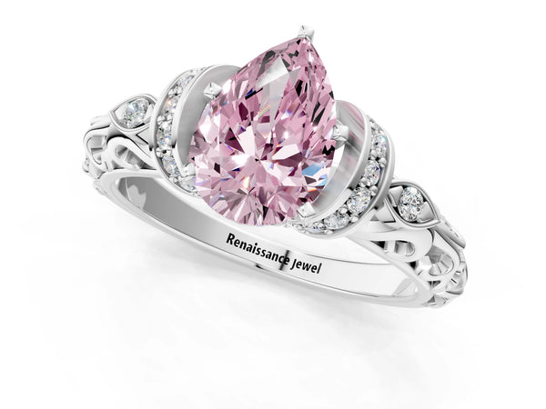 Platinum Fancy Pink Pear Cut Diamond Solitaire Ring with Filigree Band and Four-Prong Setting