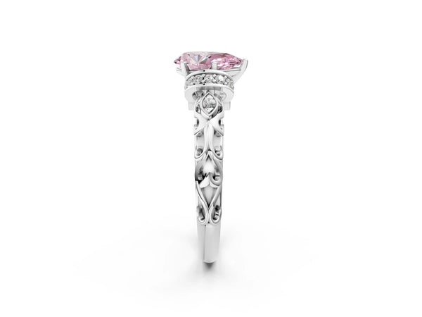 Platinum Fancy Pink Pear Cut Diamond Solitaire Ring with Filigree Band and Four-Prong Setting