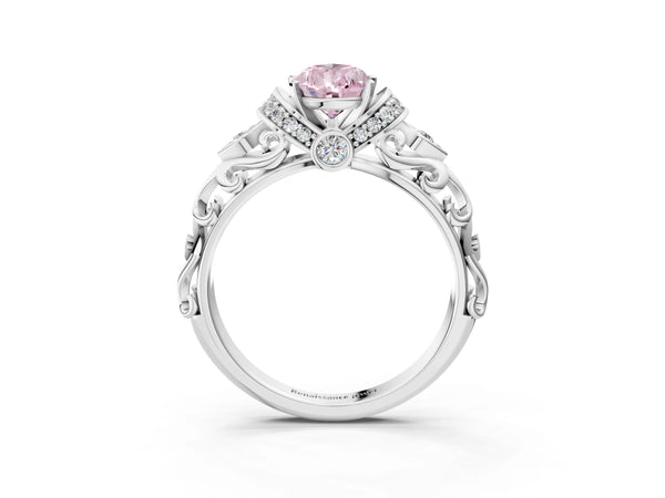 Platinum Fancy Pink Pear Cut Diamond Solitaire Ring with Filigree Band and Four-Prong Setting