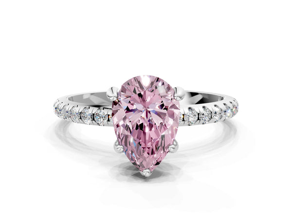White gold Fancy Pink Pear Cut Diamond Solitaire Ring with Four-Prong Setting and Pavé Band