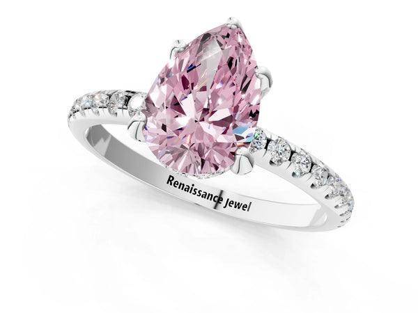 White gold Fancy Pink Pear Cut Diamond Solitaire Ring with Four-Prong Setting and Pavé Band