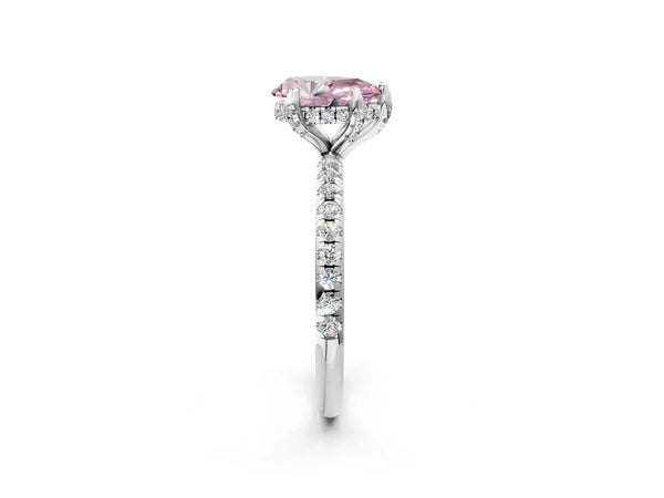 White gold Fancy Pink Pear Cut Diamond Solitaire Ring with Four-Prong Setting and Pavé Band