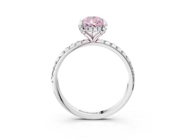 White gold Fancy Pink Pear Cut Diamond Solitaire Ring with Four-Prong Setting and Pavé Band