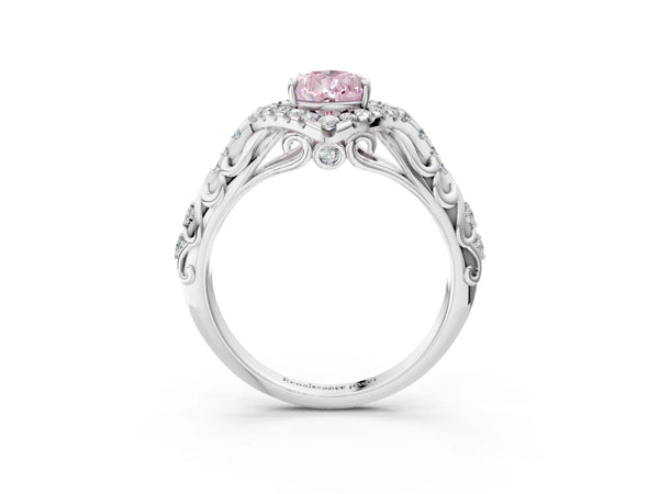 White Gold Pear-Shaped Hidden Halo Engagement Ring Setting for Fancy Pink Center with Pave Band