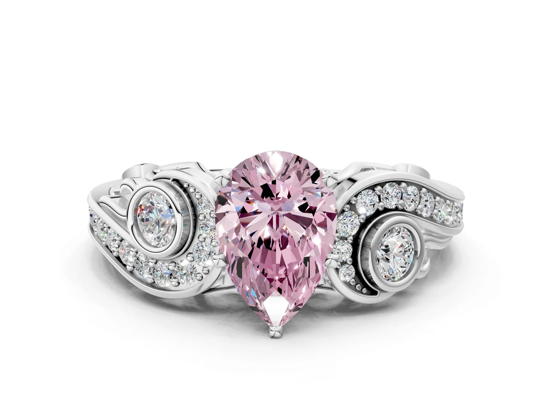 White gold Fancy Pink Pear Cut Diamond Solitaire Ring with Milgrain Pavé Band and Four-Prong Setting_266