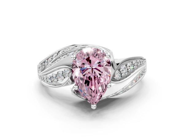Platinum Fancy Pink Pear Cut Diamond Solitaire Ring with Prong Setting and Twisted Pavé Band