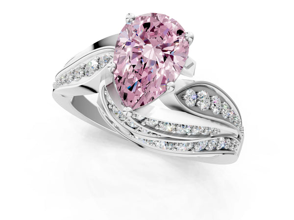 Platinum Fancy Pink Pear Cut Diamond Solitaire Ring with Prong Setting and Twisted Pavé Band