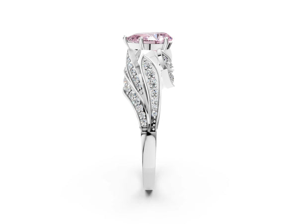Platinum Fancy Pink Pear Cut Diamond Solitaire Ring with Prong Setting and Twisted Pavé Band