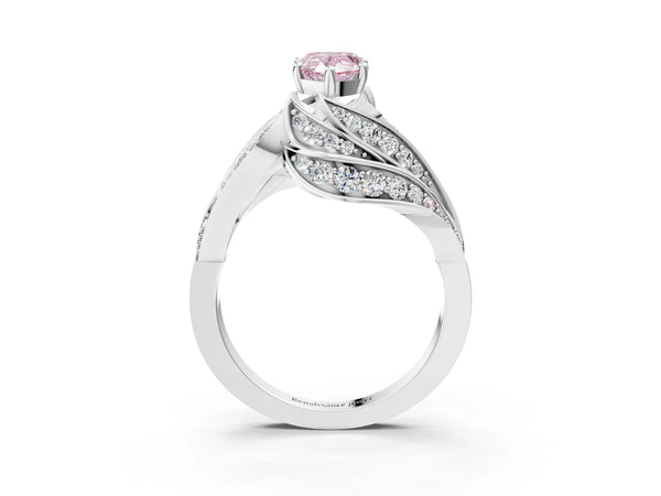 Platinum Fancy Pink Pear Cut Diamond Solitaire Ring with Prong Setting and Twisted Pavé Band