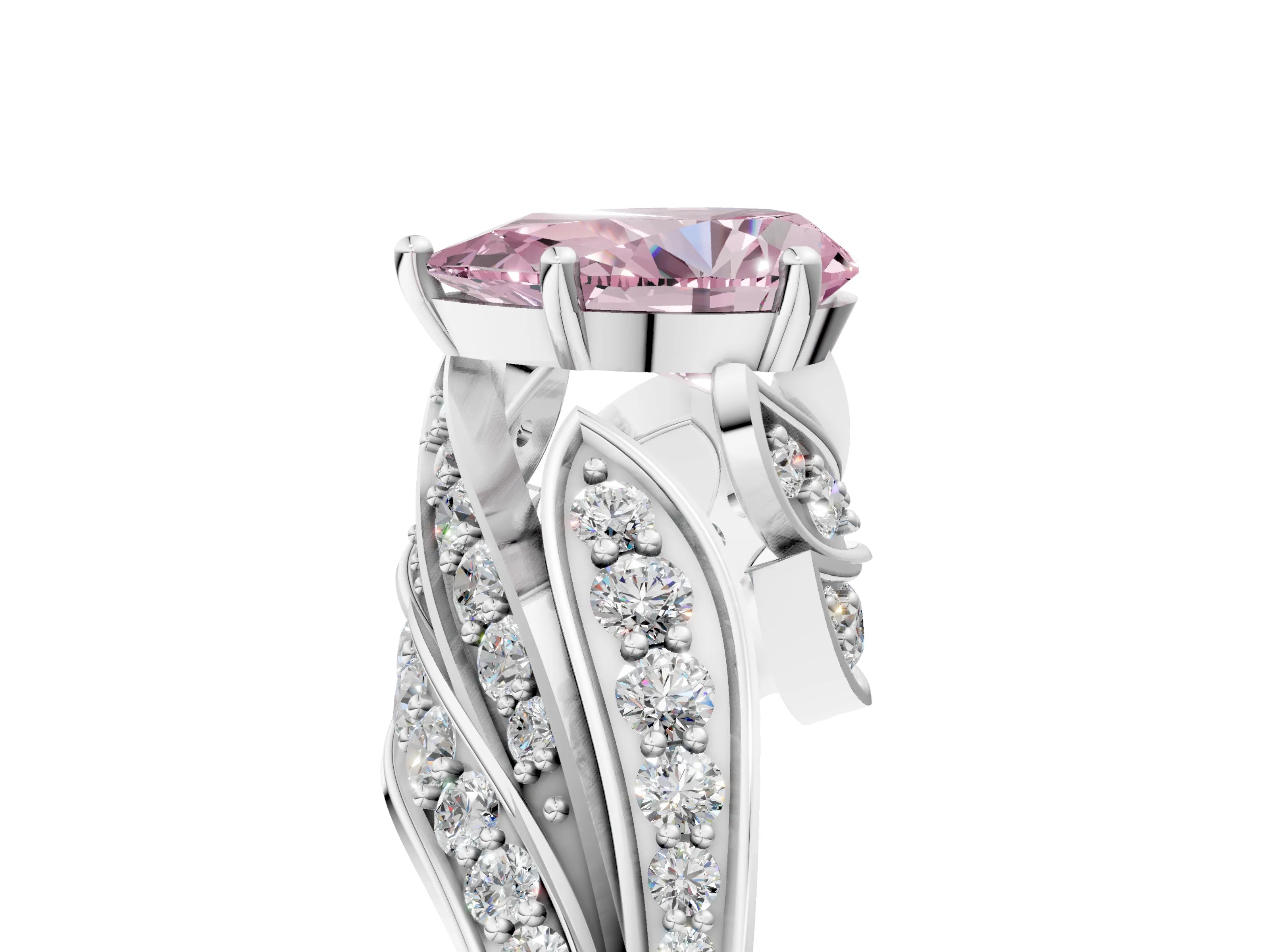White gold Fancy Pink Pear Cut Diamond Solitaire Ring with Prong Setting and Twisted Pavé Band_5