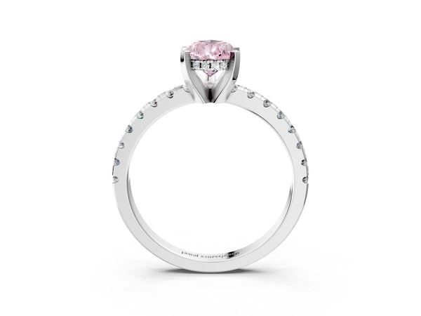 White Gold Pear-Shaped Hidden Halo Solitaire Engagement Ring Setting for Fancy Pink Center with Single Row Pave Band
