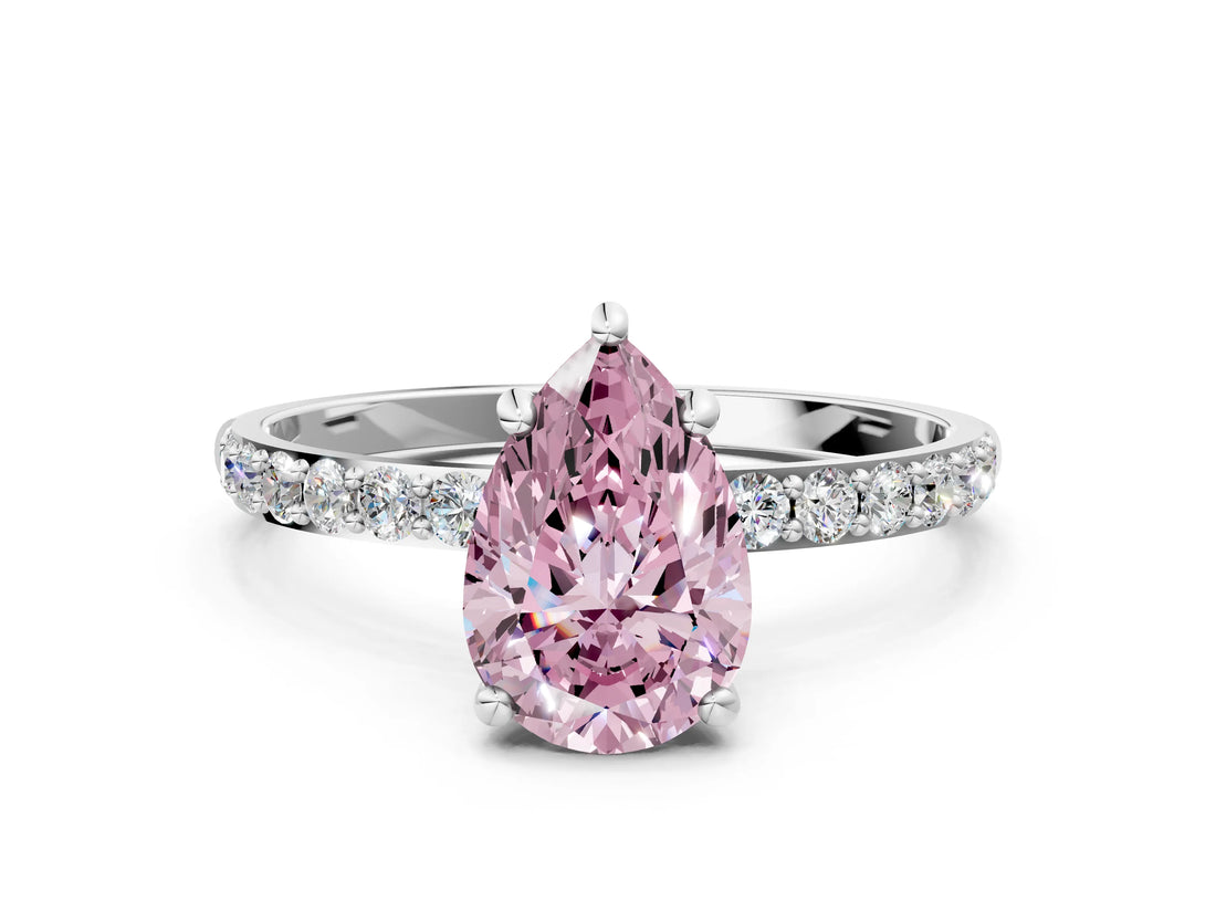 White gold Fancy Pink Pear Cut Diamond Solitaire Ring with Round  Pavé Band and Prong Setting_155
