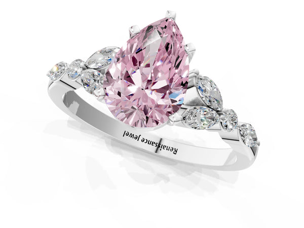 White gold Fancy Pink Pear Cut Diamond Solitaire Ring with Side Stones and Four-Prong Setting