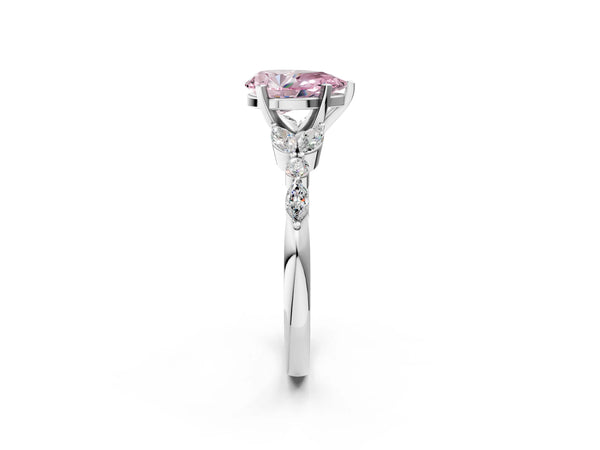 White gold Fancy Pink Pear Cut Diamond Solitaire Ring with Side Stones and Four-Prong Setting
