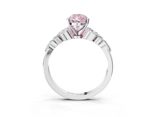 White gold Fancy Pink Pear Cut Diamond Solitaire Ring with Side Stones and Four-Prong Setting