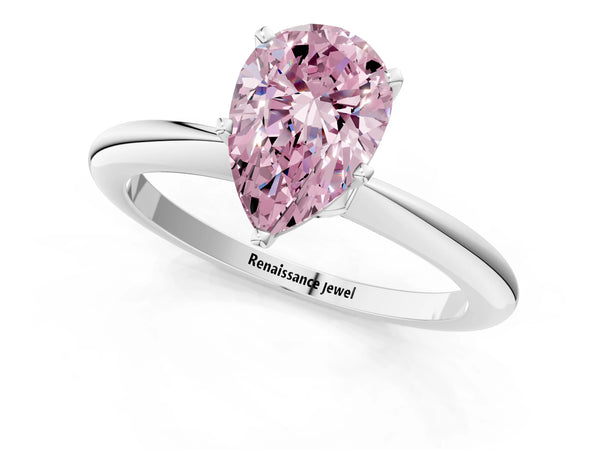 Platinum Fancy Pink Pear Cut Diamond Solitaire Ring with Six-Prong Setting and Classic Band