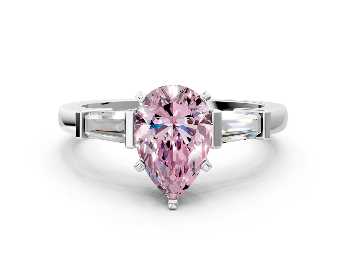 White gold Fancy Pink Pear  Cut Diamond Solitaire Ring with Tapered Baguette Accents and Four-Prong Setting_120