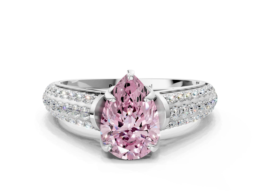 White gold Fancy Pink Pear Cut Diamond Solitaire Ring with Three-Row Pavé Band and Four-Prong Setting_49