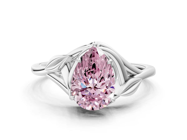 White gold Fancy Pink Pear Cut Diamond Solitaire Ring with Twist Band and Four-Prong Setting
