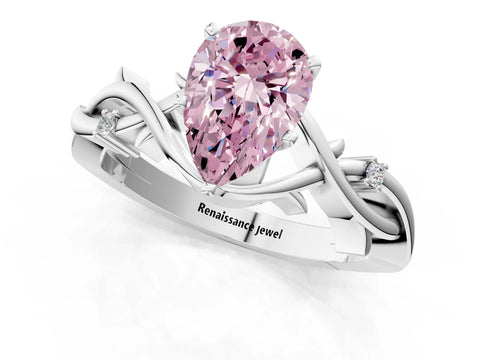 White gold Fancy Pink Pear Cut Diamond Solitaire Ring with Twisted Band and Prong Setting_351
