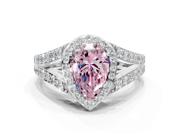 White Gold Pear-Shaped Halo Engagement Ring Setting for Fancy Pink Center with Narrow Pave Split Shank