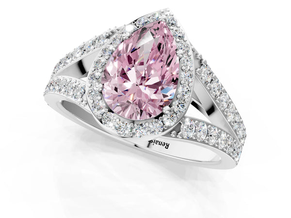 White Gold Pear-Shaped Halo Engagement Ring Setting for Fancy Pink Center with Narrow Pave Split Shank