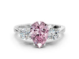 White gold Fancy Pink Pear Cut Diamond Three-Stone Engagement Ring with Prong Setting and Pavé Band