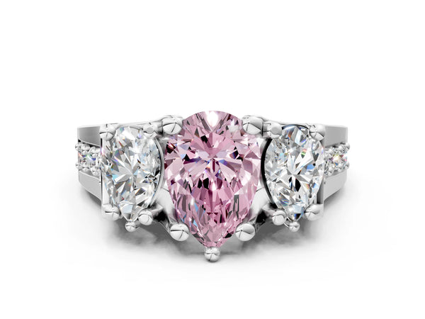 Platinum Fancy Pink Pear Cut Diamond Three-Stone Ring with Channel Set Band and Four-Prong Setting