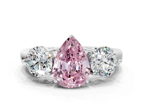 White gold Fancy Pink Pear Cut Diamond Three-Stone Ring with Prong Setting and Classic Band