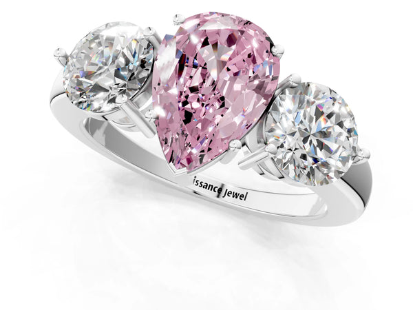 White gold Fancy Pink Pear Cut Diamond Three-Stone Ring with Prong Setting and Classic Band
