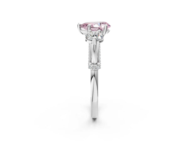 White Gold Pear-Shaped Curved Pave Three Stone Engagement Ring Setting for Fancy Pink Center