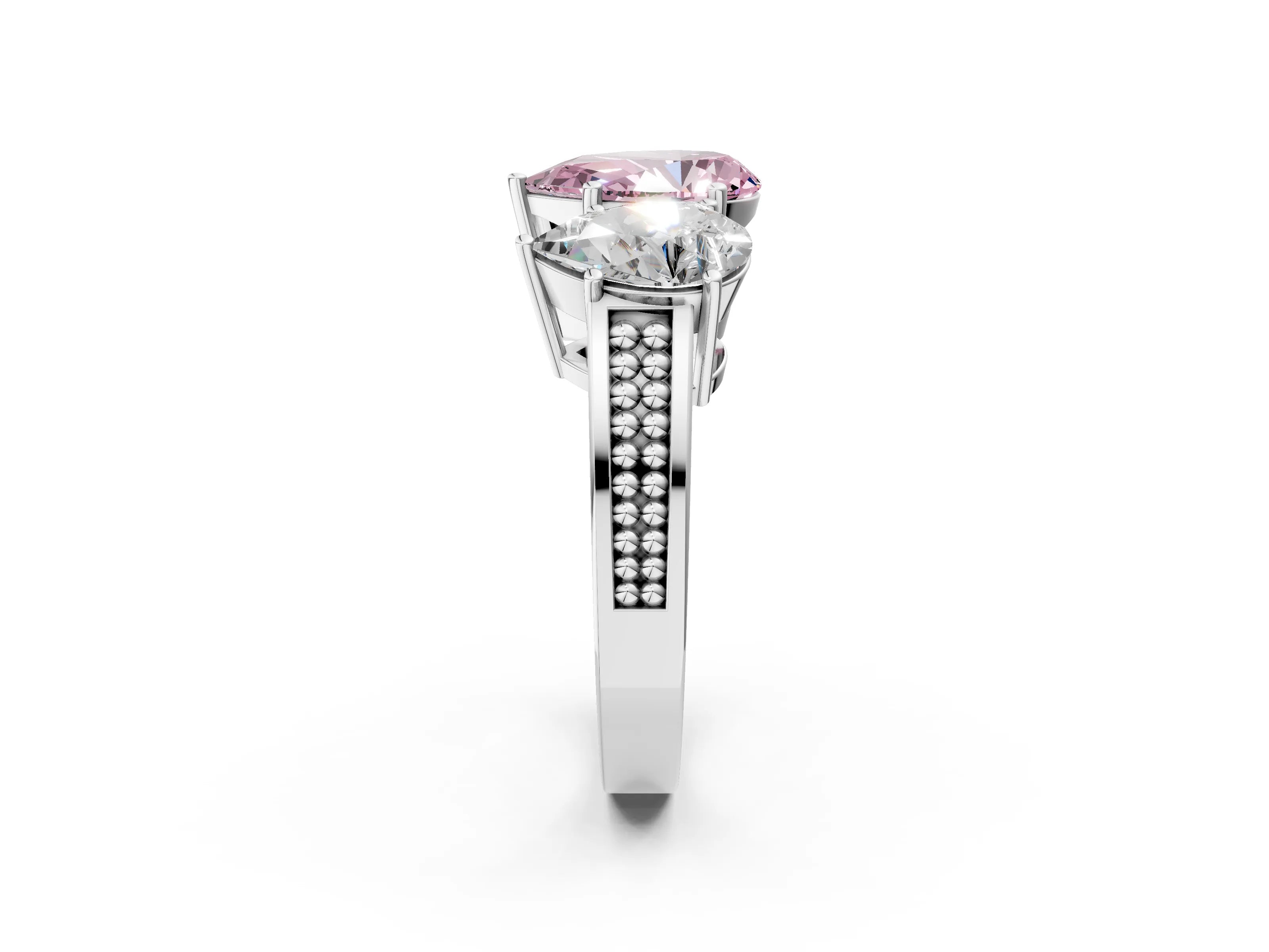 White gold Fancy Pink Pear Cut Diamond Three-Stone Ring with Prong Setting and Textured Band_2