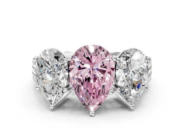 White gold Fancy Pink Pear Cut Diamond Three-Stone Ring with Prong Setting and Textured Band