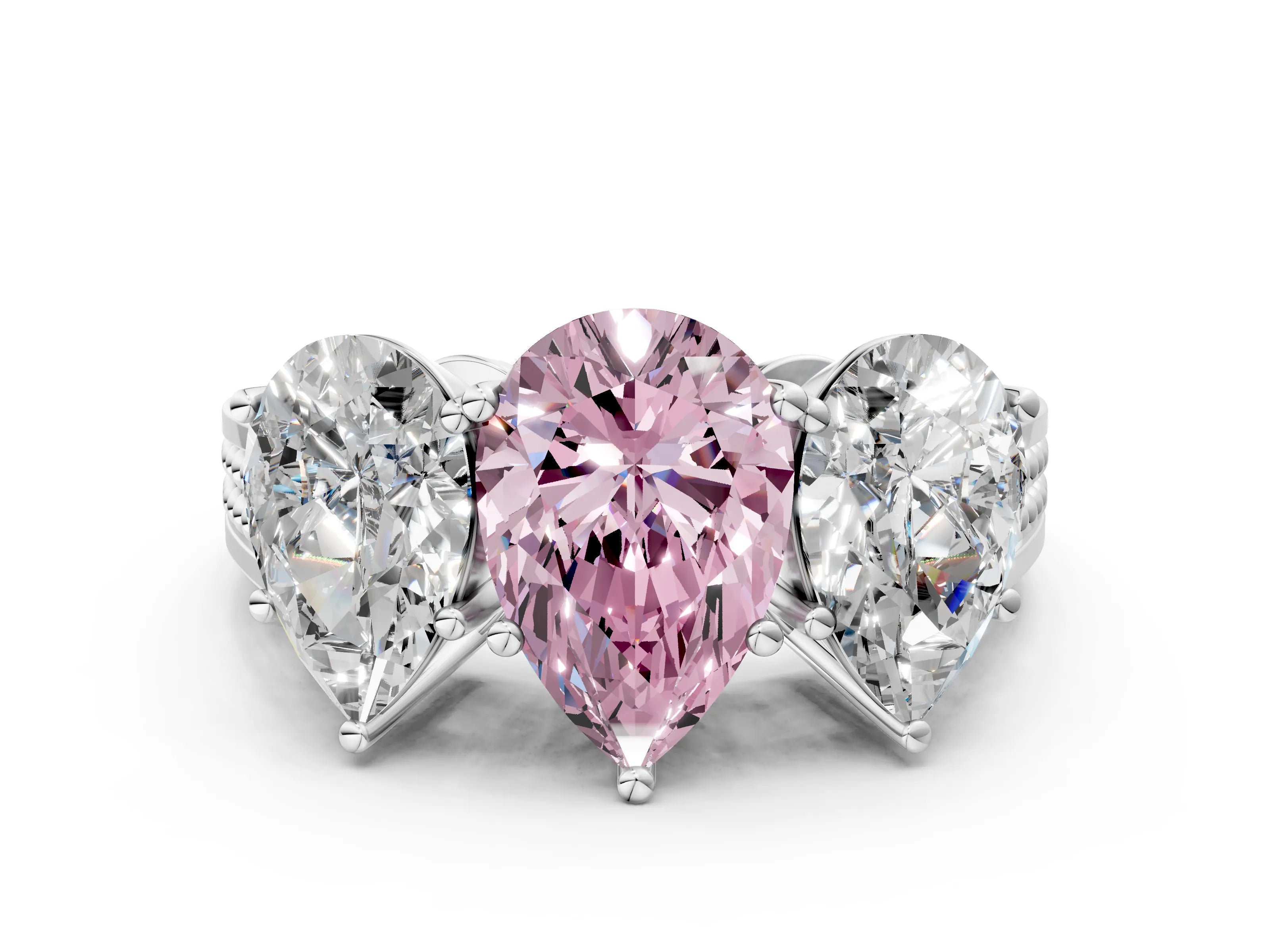 White gold Fancy Pink Pear Cut Diamond Three-Stone Ring with Prong Setting and Textured Band_32