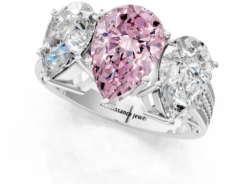 White gold Fancy Pink Pear Cut Diamond Three-Stone Ring with Prong Setting and Textured Band_37