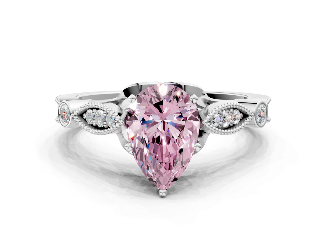 White gold Fancy Pink Pear  Cut Diamond with Milgrain Marquise and Bezel Accents on a Solitaire Band with Prong Setting_210