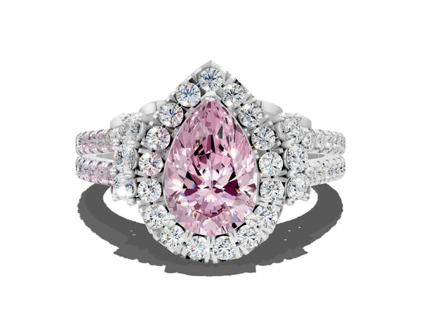 Platinum Fancy Pink Pear  Cut Double Halo Diamond Engagement Ring with Pave Band and Four-Prong Setting