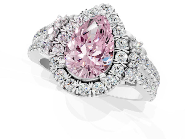 Platinum Fancy Pink Pear  Cut Double Halo Diamond Engagement Ring with Pave Band and Four-Prong Setting