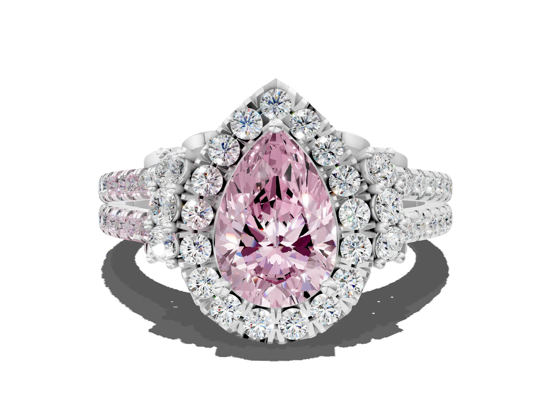 White gold Fancy Pink Pear  Cut Double Halo Diamond Engagement Ring with Pave Band and Four-Prong Setting_55