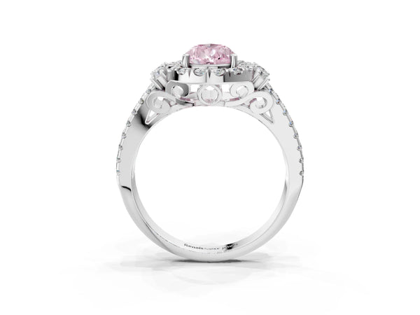 Platinum Fancy Pink Pear  Cut Double Halo Diamond Engagement Ring with Pave Band and Four-Prong Setting