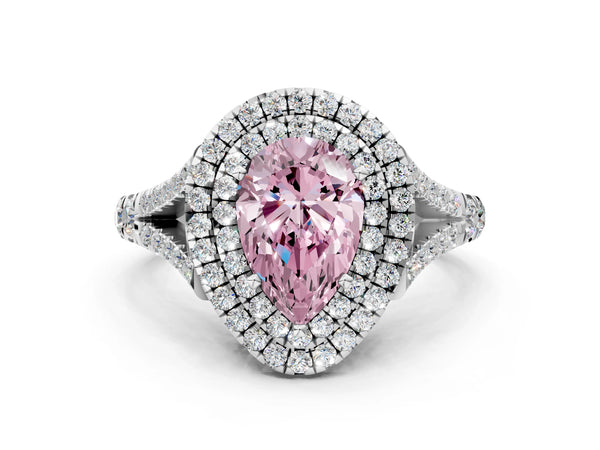 Platinum Fancy Pink Pear  Cut Double Halo Split Shank Diamond Ring with Prong Setting