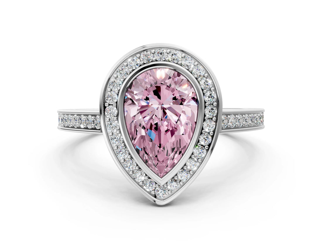 White gold Fancy Pink Pear Cut Halo Bezel Diamond Pave Band Ring